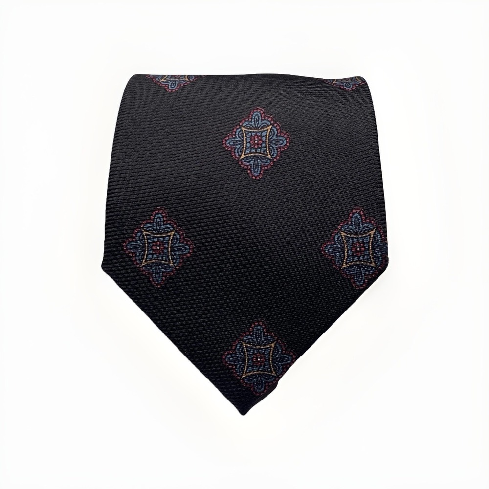 Ferrell Reed Mister Guy Black Silk Medallion Tie Hand Printed England 3.5x55